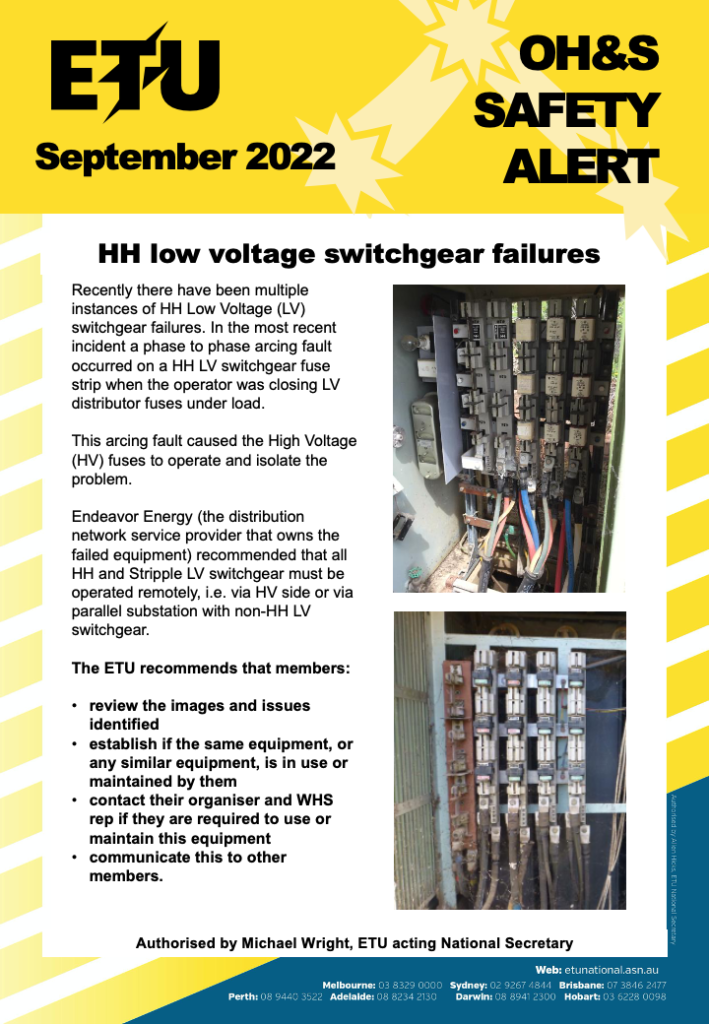 Safety alert: HH low voltage switchgear failures